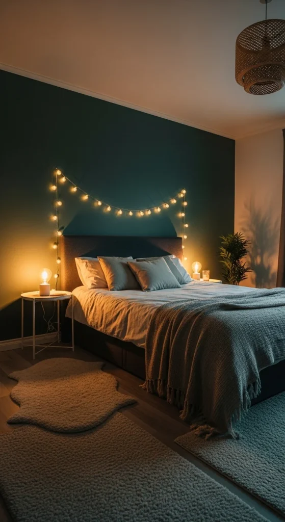 8 Dark Green Bedroom Ideas Inspired by Nature Dark green bedroom with string lights and warm table lamps