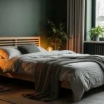 Dark green bedroom with wood furniture and natural light