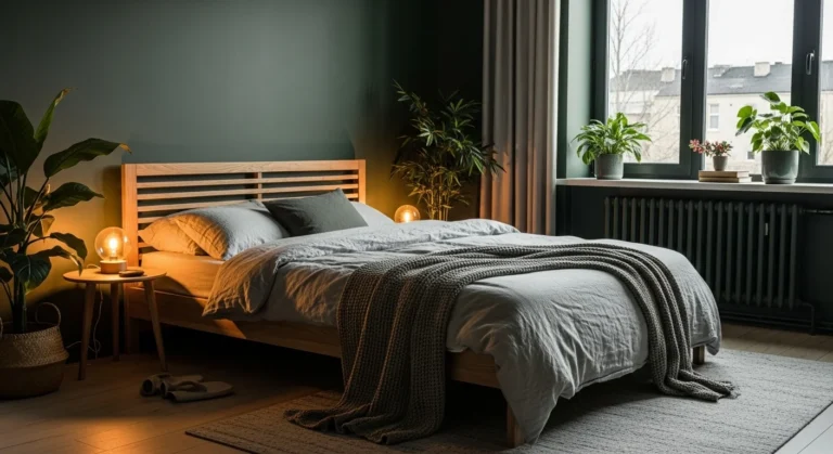 Dark green bedroom with wood furniture and natural light