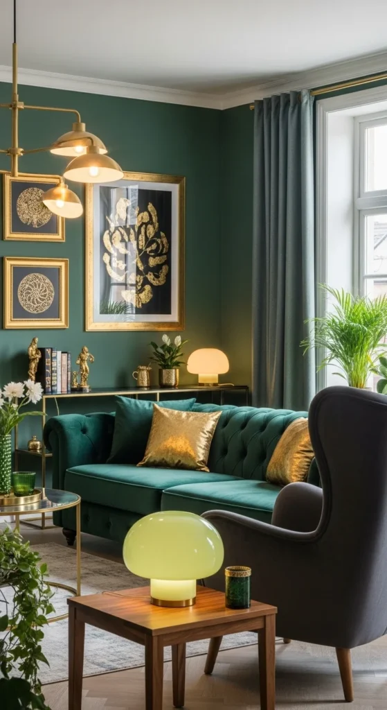 7 Dark Green Living Room Ideas Dark green room with brass lighting and gold decor