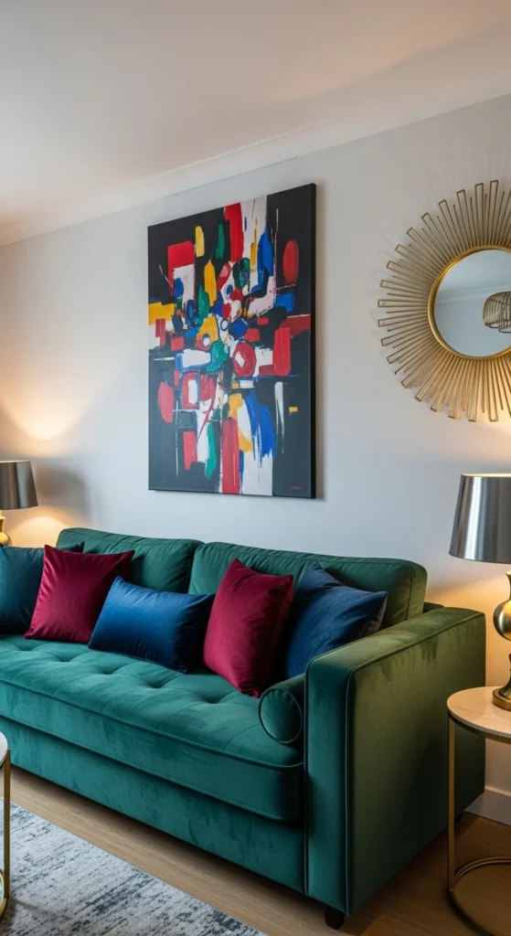 7 Dark Green Living Room Ideas Dark green sofa with jewel-tone pillows and abstract art