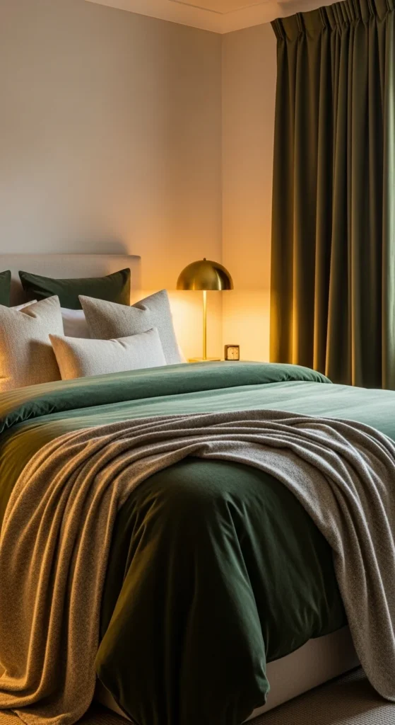 8 Dark Green Bedroom Ideas Inspired by Nature Dark green velvet bedding in a softly lit, cozy bedroom