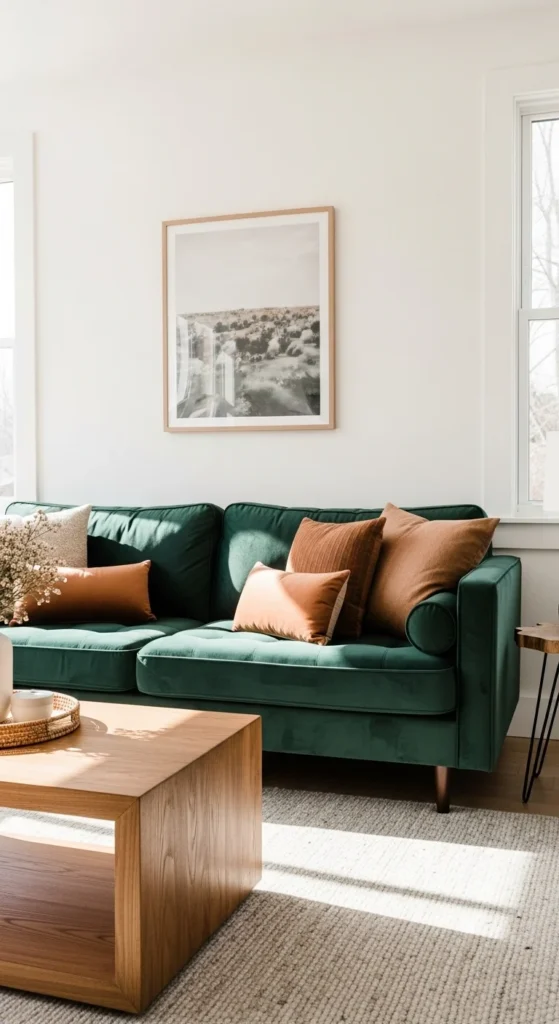 7 Dark Green Living Room Ideas Dark green velvet sofa with light walls and cozy decor