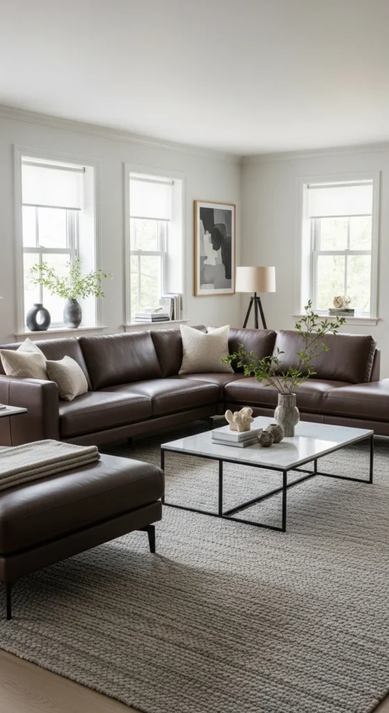 5 Stylish Leather Couch Living Room Ideas to Copy Now Dark leather sectional on neutral rug in stylish living room