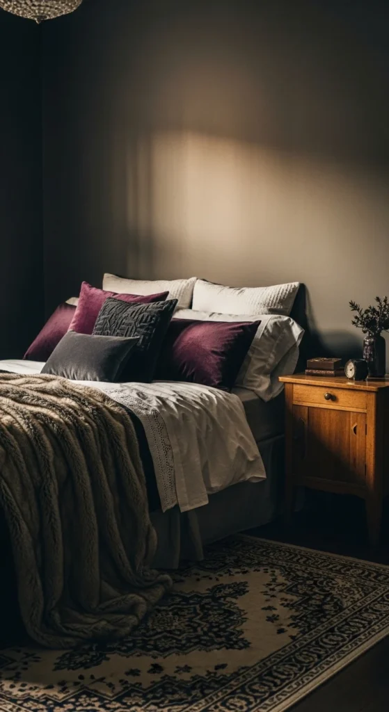 6 Romantic Dark Bedroom Ideas Dark romantic bedroom layered with soft, rich textiles
