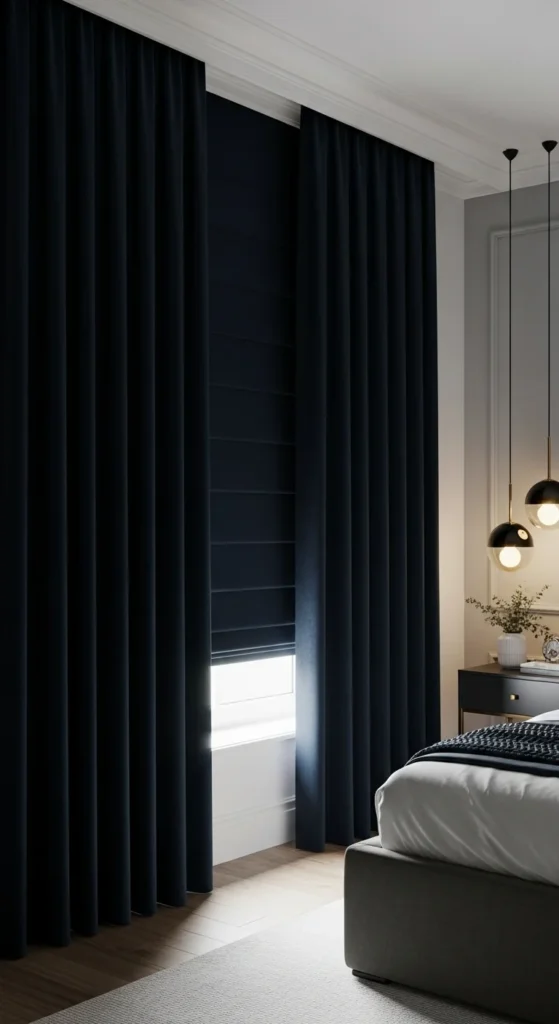 7 Chic Bedroom Curtain Ideas for a Peaceful Night’s Sleep Dark velvet curtains adding warmth and luxury to a bedroom