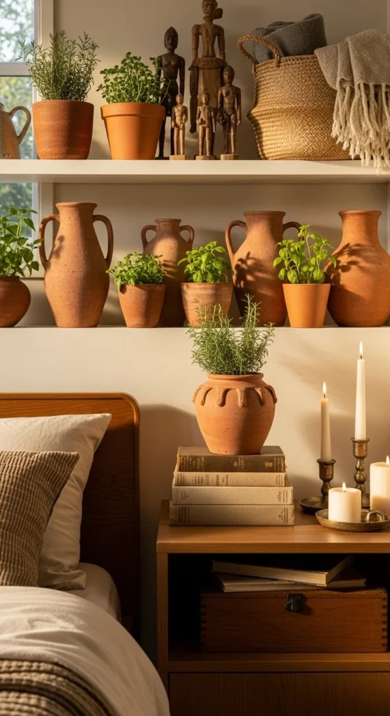 7 Cozy Terra Cotta Bedroom Ideas for a Warm Vibe Decor accents like terra cotta vases and plant pots on shelves