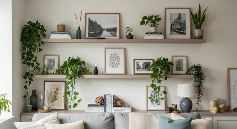 Autumn-themed shelf decor with pumpkins and warm colors