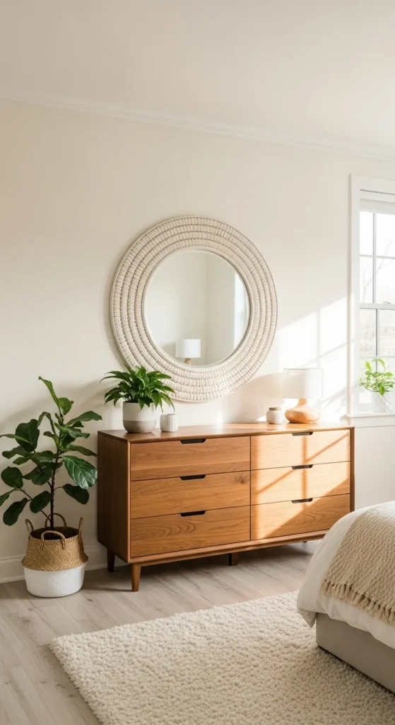8 Bedroom Wall Decor Ideas To Liven Up Your Boring Walls Decorative round mirror reflecting light in a bright bedroom