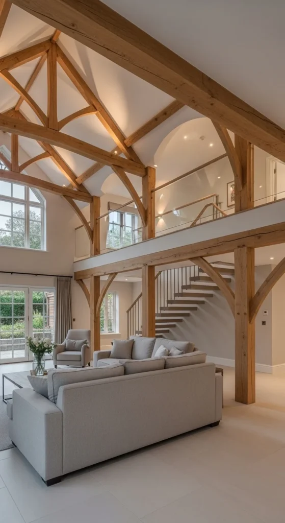 6 Stunning Double-Height Living Room Design Ideas Double-height room with exposed beams and vaulted ceiling