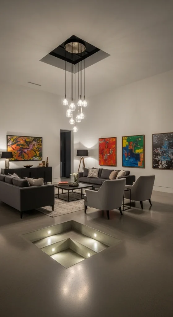7 Gorgeous Sunken Living Room Design Ideas to Choose From Dramatic sunken living room with layered modern lighting
