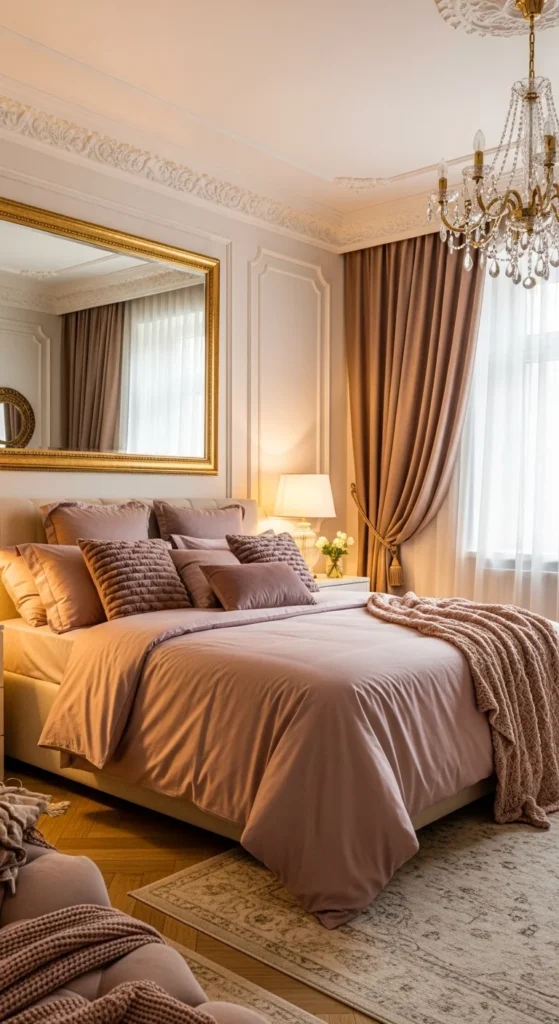 7 Pink Bedroom Ideas That Go Beyond Stereotypes Dusty rose bedroom with gold details for a luxe feel