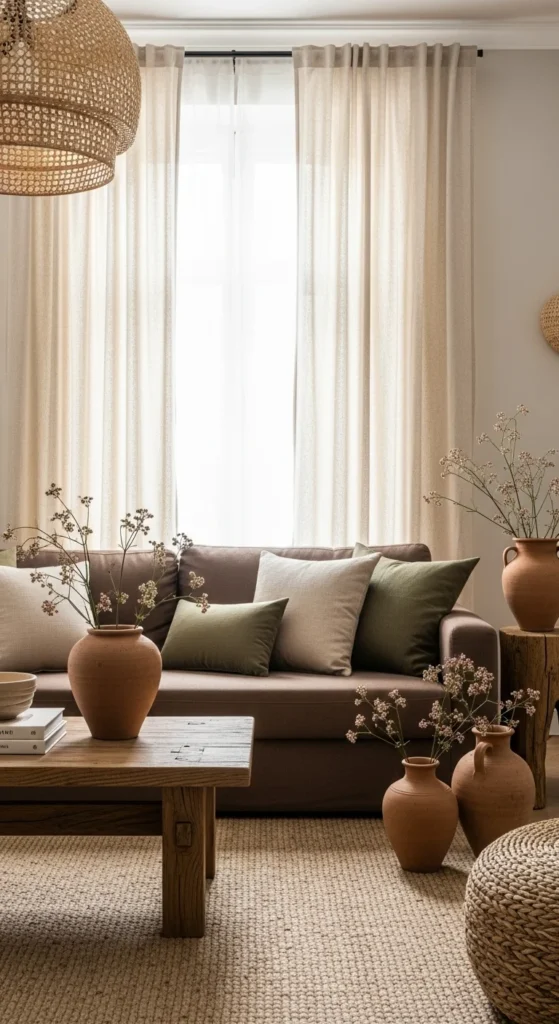 10 Cozy and Stylish Brown Couch Living Room Ideas Earth-toned living room with brown couch and natural textures