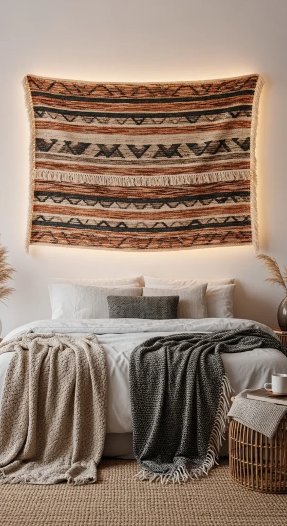 8 Trendy Bedroom Wall Accents With Backlit Magic Earth-toned tapestry above bed with soft backlighting