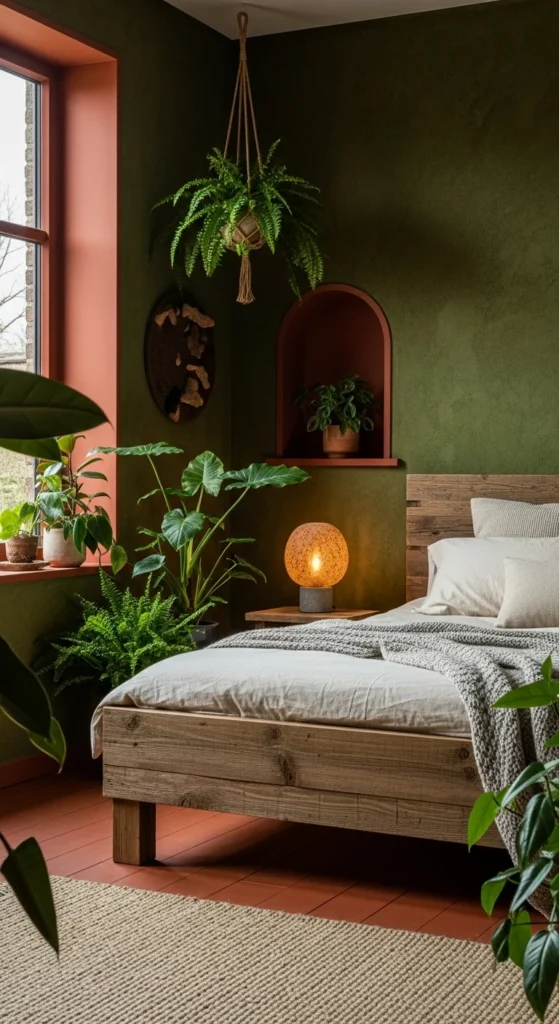 6 Neutral Bedroom Ideas to Create a Calm Sanctuary Earthy bedroom with moss green walls, wood bed, and plants