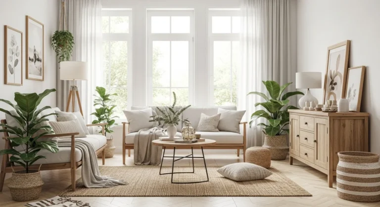 Earthy living room with natural light, wood, and plants
