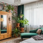 Eclectic bedroom blending patterns, vintage pieces, and plants