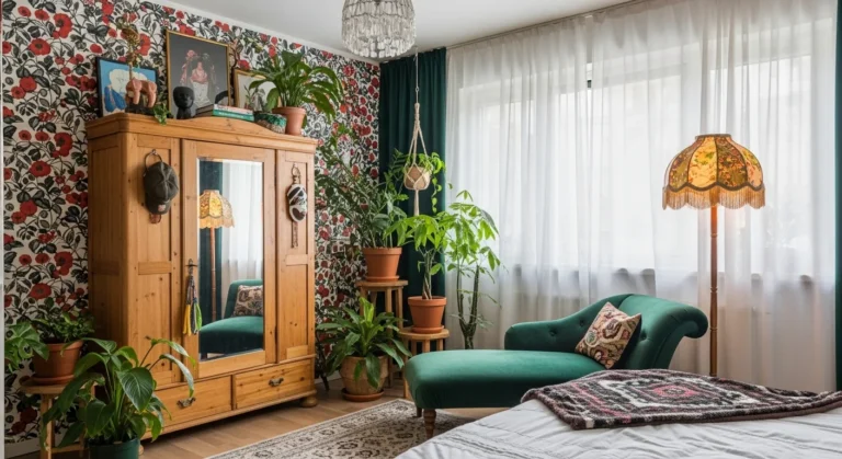 Eclectic bedroom blending patterns, vintage pieces, and plants