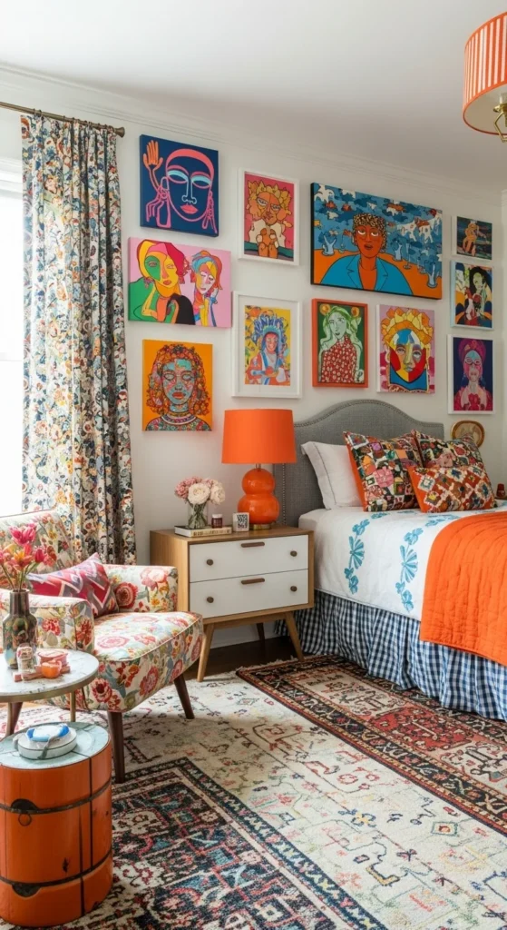 7 Inspirational Aesthetic Bedroom Design Ideas Eclectic bedroom with bold colors, mixed patterns, and art wall