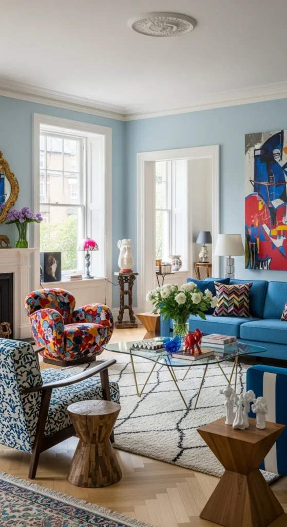 6 Light Blue Living Rooms That Feel Cool & Cozy Eclectic light blue living room with bold patterns and artistic flair