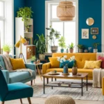 Eclectic living room with bold colors, mixed textures, and plants