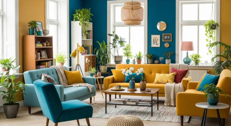 Eclectic living room with bold colors, mixed textures, and plants
