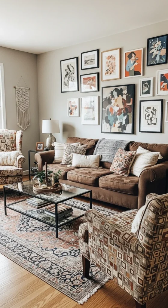 10 Cozy and Stylish Brown Couch Living Room Ideas Eclectic living room with brown sofa and mixed decor styles