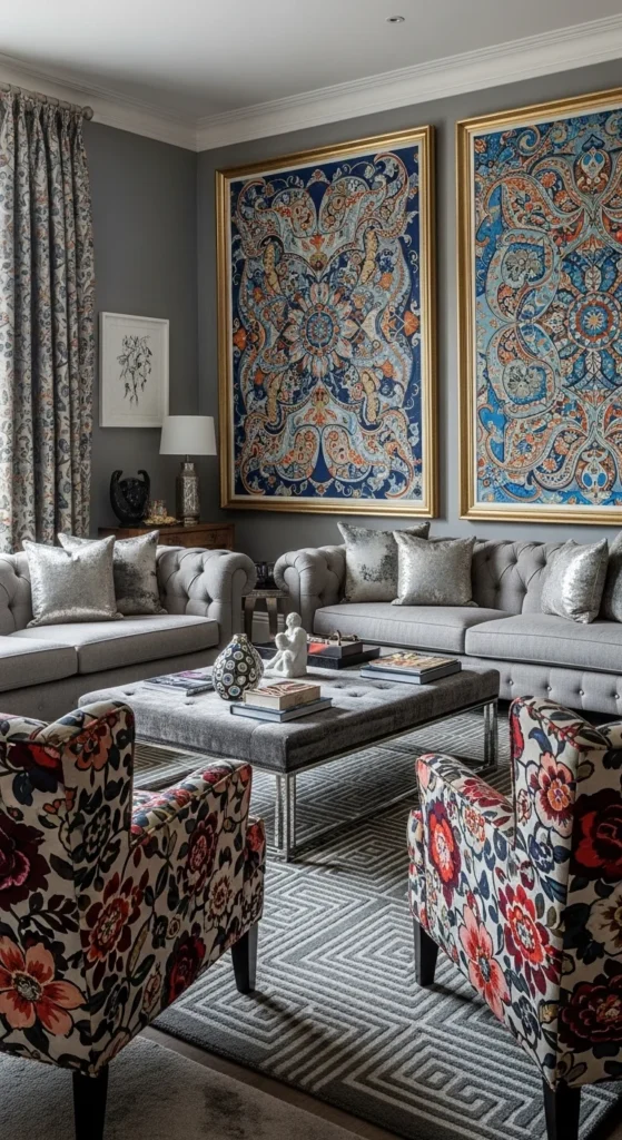 6 Stylish Grey Living Room Ideas for Every Design Style Eclectic living room with mixed grey furniture and colorful art