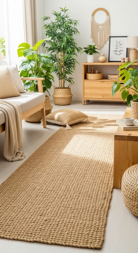 7 Cozy Country-Style Living Room Rug Ideas Eco-friendly sisal runner in a bright, natural-themed space