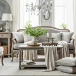 Elegant French country living room with rustic charm and cozy décor