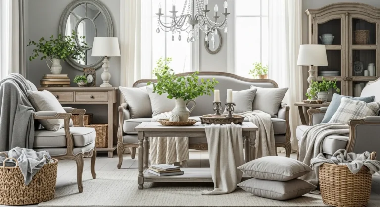 Elegant French country living room with rustic charm and cozy décor