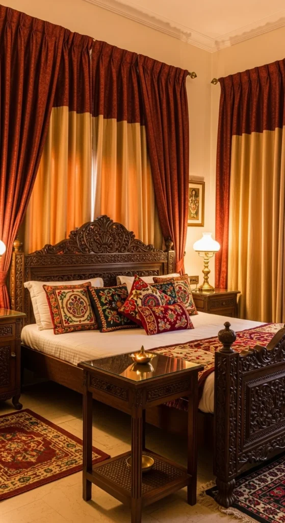 8 Indian Themed Bedroom Interior Designs Elegant Indian bedroom with carved wood and maroon silk decor