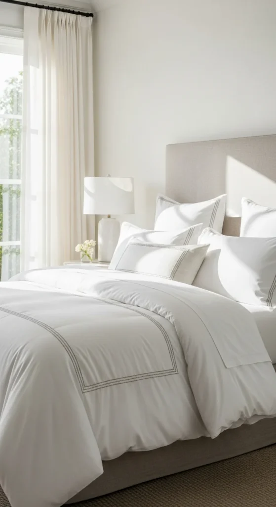 Elegant bed with layered Egyptian cotton and throw pillows