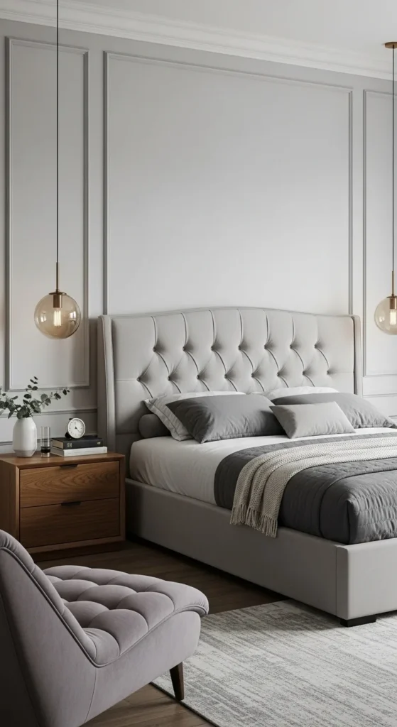 7 Classy Bedroom Ideas for Effortless Elegance Elegant bedroom furniture with an upholstered bed and velvet chair
