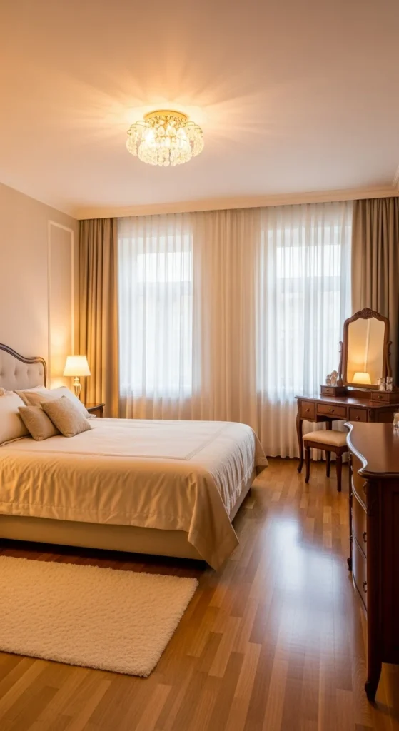 Elegant bedroom with chandelier and soft ambient lighting