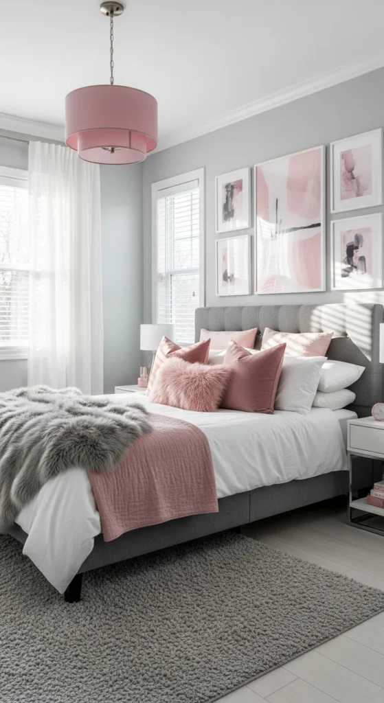 8 Best bedroom color combination ideas for a Dreamy Retreat Elegant bedroom with grey walls and blush pink accents