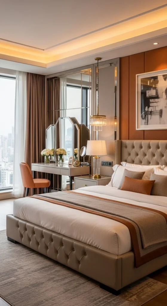 7 Bedroom Makeovers For The Room Of Your Dreams Elegant bedroom with luxury bedding and hotel-style lighting