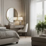 Elegant couple’s bedroom with neutral colors, layered textures, and soft lighting
