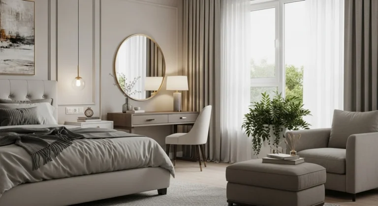 Elegant couple’s bedroom with neutral colors, layered textures, and soft lighting