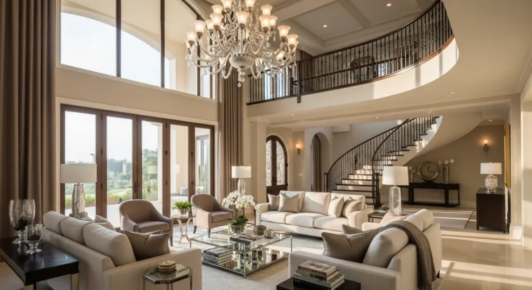 Elegant double-height living room with modern furniture and large windows