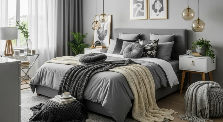 Elegant grey bedroom with layered textures and gold lighting