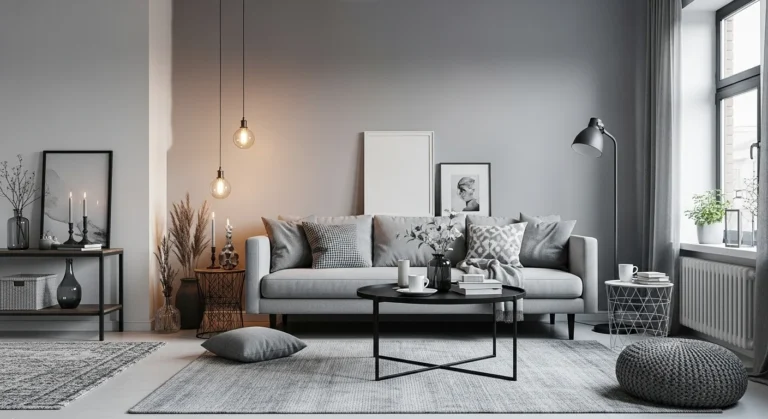 Elegant grey living room blending multiple design styles