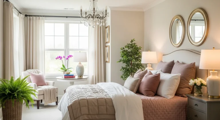 Elegant grown woman bedroom with soft tones and cozy decor