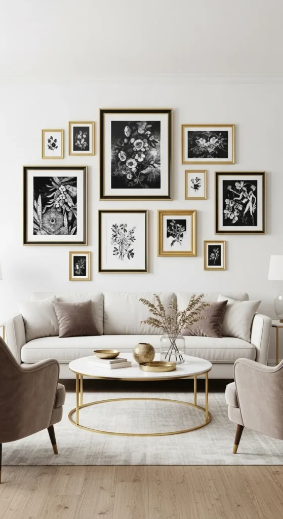 9 Living Room Wall Art Ideas You’ll Love Elegant living room wall with framed art prints in a grid layout