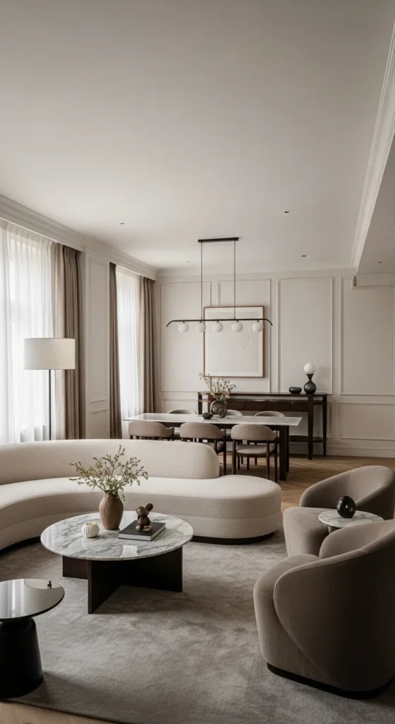 6 Elegant Living Room Ideas Elegant living room with curved sofa and refined furniture