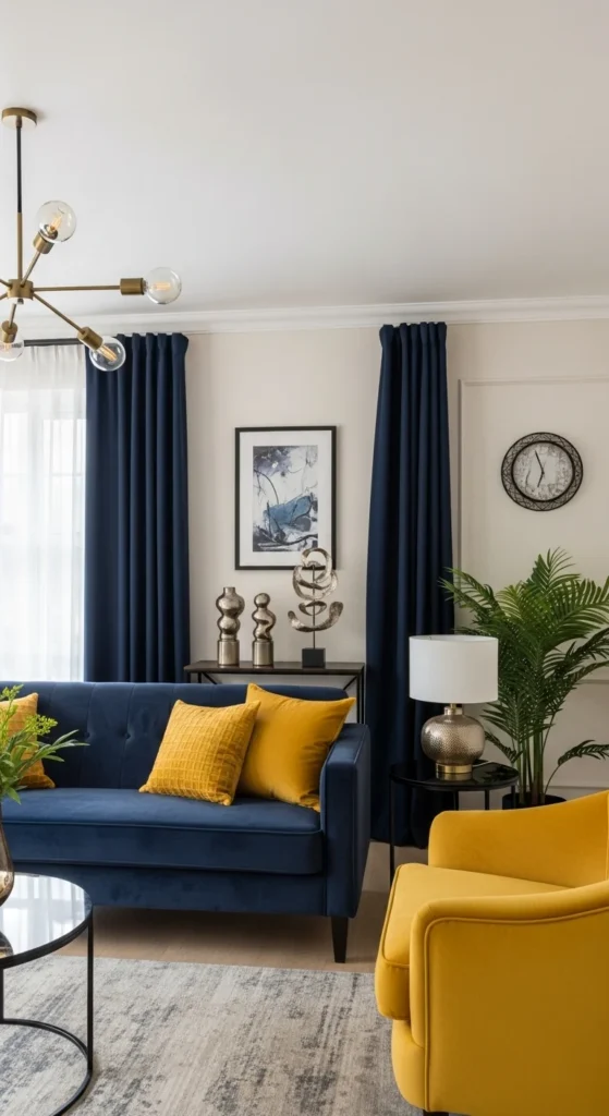 Top 8 Living Room Color Combinations That Inspire Elegant living room with navy and mustard color scheme