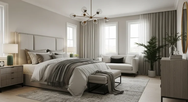 Elegant master bedroom with neutral tones, luxe bedding, and soft lighting