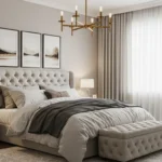 Elegant neutral bedroom with tufted bed and gold chandelier