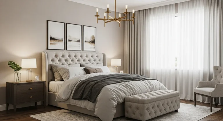 Elegant neutral bedroom with tufted bed and gold chandelier