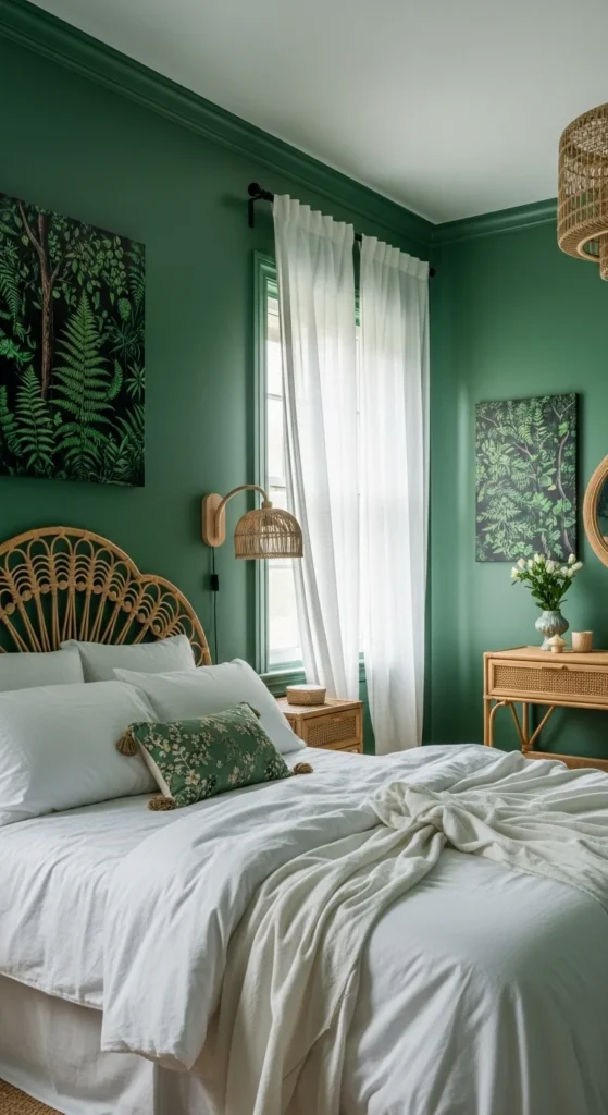 8 Dark Green Bedroom Ideas Inspired by Nature Emerald green bedroom with white bedding and wood furniture